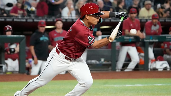 Arizona Diamondbacks’ Jorge Barrosa (1) bunts during the first inning against the New York Yankees at Chase Field in Phoenix on April 2, 2024. Arizona Diamondbacks’ Jorge Barrosa (1) bunts during the first inning against the New York Yankees at Chase Field in Phoenix on April 2, 2024.