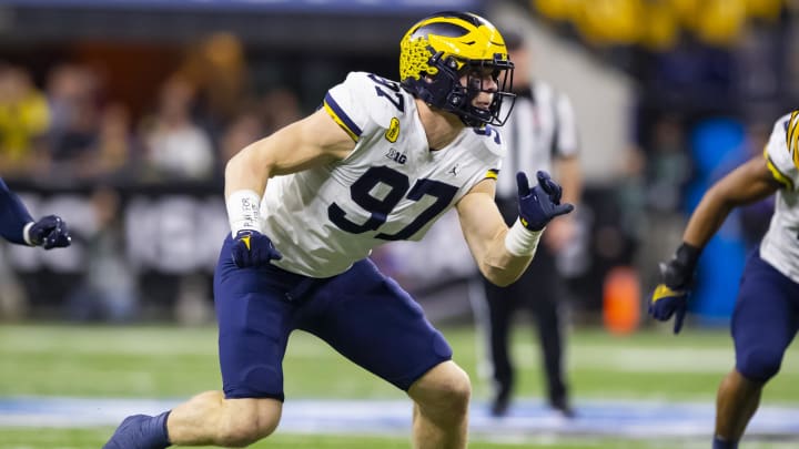 Dec 4, 2021; Indianapolis, IN, USA; Michigan Wolverines defensive end Aidan Hutchinson (97) against the Iowa Hawkeyes in the Big Ten Conference championship game at Lucas Oil Stadium. Mandatory Credit: Mark J. Rebilas-USA TODAY Sports