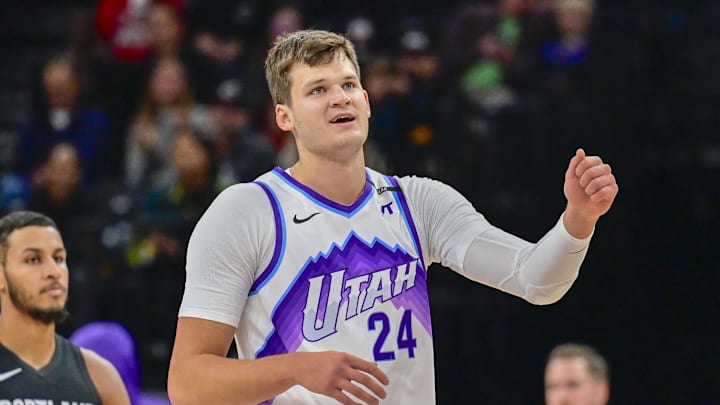 Oct 16, 2025; Salt Lake City, Utah, USA; Utah Jazz center Walker Kessler (24) smiles after making a great play during the first half against the Portland Trail Blazers at Delta Center. Mandatory Credit: Peter Creveling-Imagn Images
