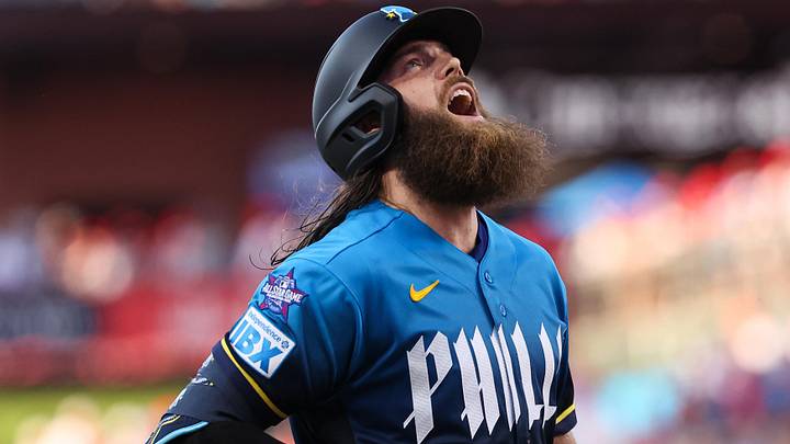 Philadelphia Phillies left fielder Brandon Marsh (16) reacts after hitting a two RBI home run against the Chicago White Sox.