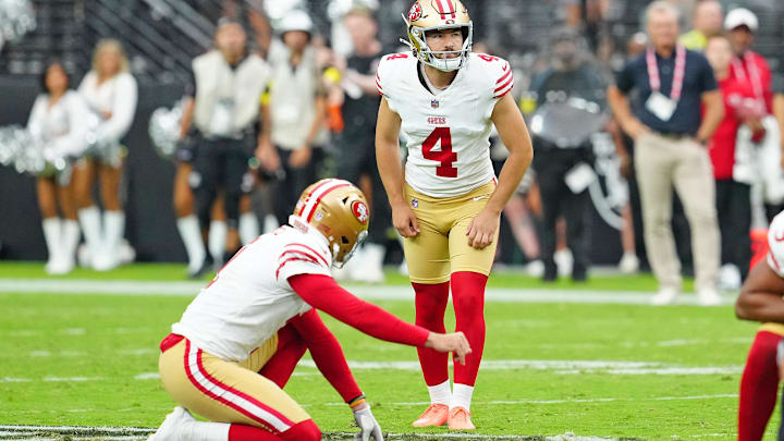 Aug 16, 2025; Paradise, Nevada, USA; San Francisco 49ers place kicker Jake Moody (4) prepares to attempt a field goal against the Las Vegas Raiders near the end of regulation at Allegiant Stadium. Mandatory Credit: Stephen R. Sylvanie-Imagn Images Aug 16, 2025; Paradise, Nevada, USA; San Francisco 49ers place kicker Jake Moody (4) prepares to attempt a field goal against the Las Vegas Raiders near the end of regulation at Allegiant Stadium. Mandatory Credit: Stephen R. Sylvanie-Imagn Images