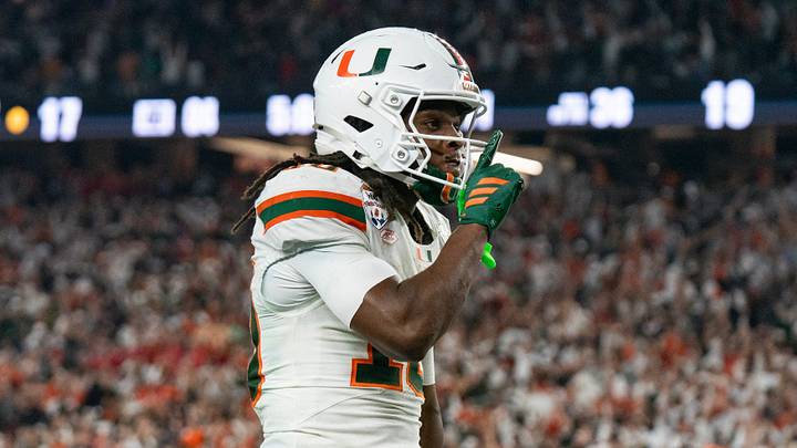 Miami Hurricanes wide receiver Malachi Toney (10) celebrates his touchdown during the CFP Fiesta Bowl against Ole Miss at the State Farm Stadium, in Glendale, Ariz., on Thursday, Jan. 8, 2026.