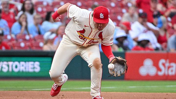 Aug 8, 2026; St. Louis, Missouri, USA; St. Louis Cardinals third baseman Blaze Jordan (33) fields a ground ball against the Colorado Rockies during the third inning at Busch Stadium. Mandatory Credit: Jeff Curry-Imagn Images