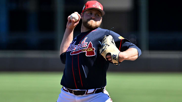 Feb 25, 2026; North Port, Florida, USA;  Atlanta Braves starting pitcher Bryce Elder (55) throws a pitch in the first inning against the Pittsburgh Pirates during spring training at CoolToday Park.