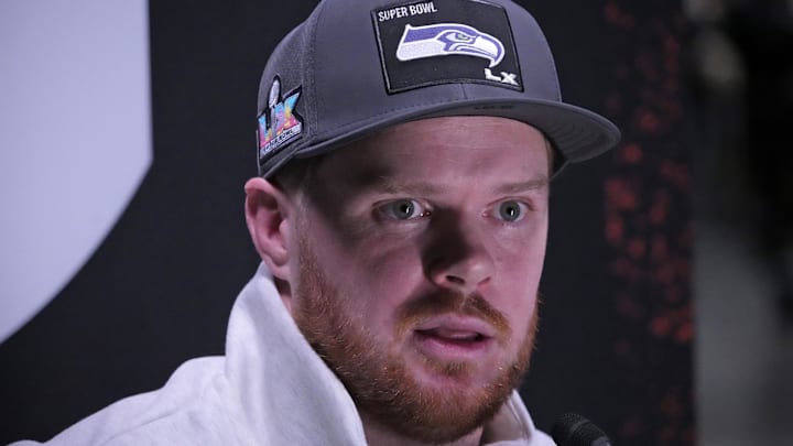 Feb 2, 2026; San Jose, CA, USA; Seattle Seahawks quarterback Sam Darnold (14) during Opening Night for Super Bowl LX at San Jose Convention Center. Mandatory Credit: Kirby Lee-Imagn Images