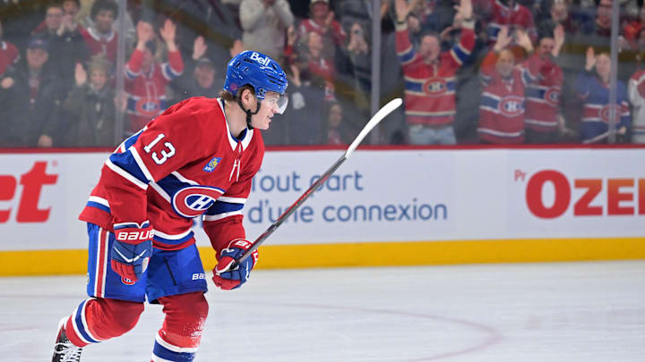 Apr 9, 2026; Montreal, Quebec, CAN; Montreal Canadiens forward Cole Caufield (13) celebrates after scoring his fiftieth goal of the season during the second period against the Tampa Bay Lightning at the Bell Centre. Mandatory Credit: Eric Bolte-Imagn Images Apr 9, 2026; Montreal, Quebec, CAN; Montreal Canadiens forward Cole Caufield (13) celebrates after scoring his fiftieth goal of the season during the second period against the Tampa Bay Lightning at the Bell Centre. Mandatory Credit: Eric Bolte-Imagn Images