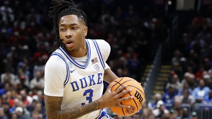 Mar 27, 2026; Washington, DC, USA; Duke Blue Devils guard Isaiah Evans (3) dribbles the ball against the St. John's Red Storm.