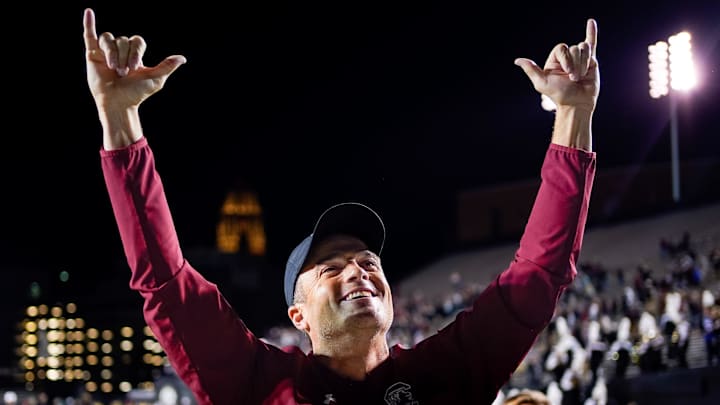 South Carolina head coach Shane Beamer waves to fans after their victory against Vanderbilt after at