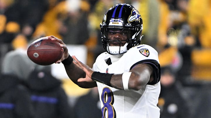 Jan 4, 2026; Pittsburgh, Pennsylvania, USA; Baltimore Ravens quarterback Lamar Jackson (8) practices before the game at Acrisure Stadium. Mandatory Credit: Barry Reeger-Imagn Images