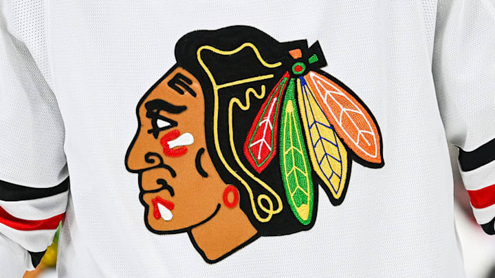 Feb 14, 2023; Montreal, Quebec, CAN; View of a Chicago Blackhawks logo on a jersey worn by a member of the team against the Montreal Canadiens during the third period at Bell Centre. Mandatory Credit: David Kirouac-Imagn Images