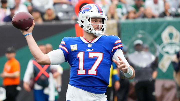 Nov 6, 2022; East Rutherford, NJ, USA; Buffalo Bills quarterback Josh Allen (17) throws in the first