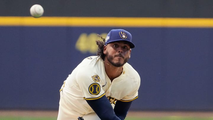 Milwaukee Brewers pitcher Freddy Peralta (51) pitches during the first inning of the National League Division Series game against the Chicago Cubs on Saturday October 4, 2025 at American Family Field in Milwaukee, Wisconsin.