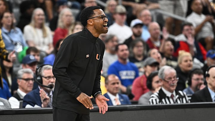 Mar 22, 2026; St. Louis, MO, USA; Miami Hurricanes head coach Jai Lucas calls a play during the second half against the Purdue Boilermakers during a second round game of the men's 2026 NCAA Tournament at Enterprise Center. Mandatory Credit: Jeff Le-Imagn Images Mar 22, 2026; St. Louis, MO, USA; Miami Hurricanes head coach Jai Lucas calls a play during the second half against the Purdue Boilermakers during a second round game of the men's 2026 NCAA Tournament at Enterprise Center. Mandatory Credit: Jeff Le-Imagn Images