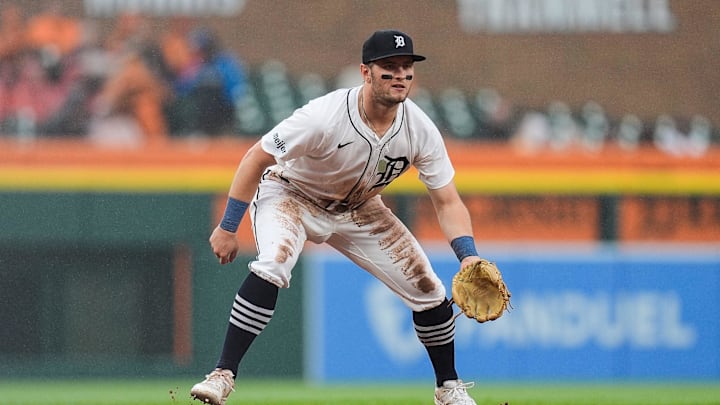 Detroit Tigers third base Jace Jung (17) watches a play against Chicago White Sox during the seventh inning at Comerica Park in Detroit on Saturday, Sept. 28, 2024.