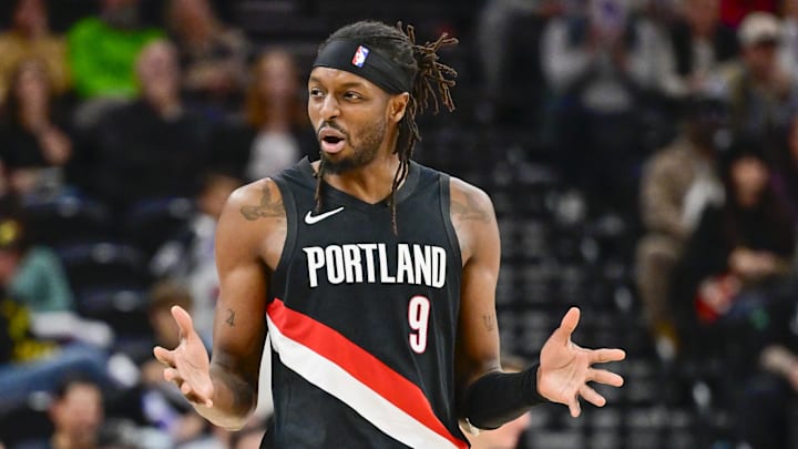 Oct 16, 2025; Salt Lake City, Utah, USA; Portland Trail Blazers forward Jerami Grant (9) questions a call during the second half against the Utah Jazz at Delta Center. Mandatory Credit: Peter Creveling-Imagn Images