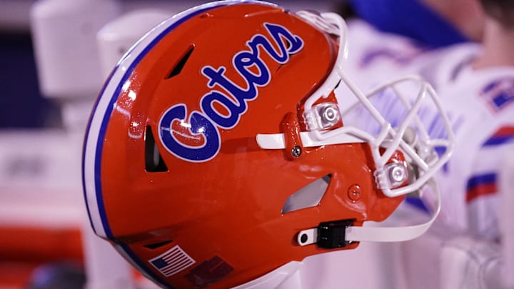 Nov 18, 2023; Columbia, Missouri, USA; A general view of a Florida Gators helmet against the