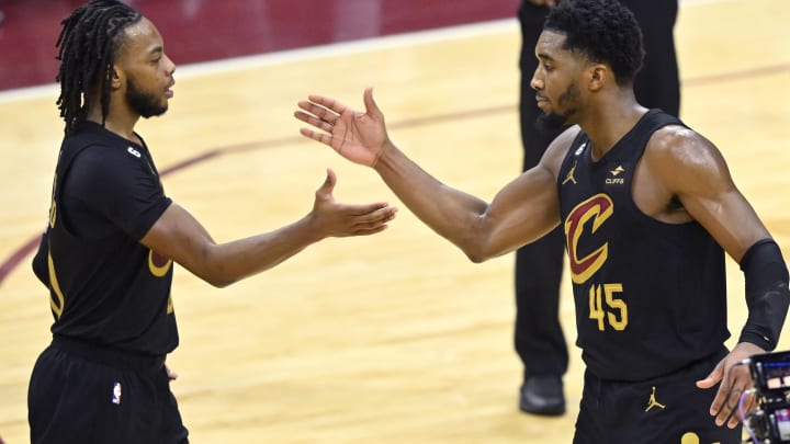 Dec 6, 2022; Cleveland, Ohio, USA; Cleveland Cavaliers guard Darius Garland (10) and guard Donovan Mitchell (45) celebrate in the fourth quarter against the Los Angeles Lakers at Rocket Mortgage FieldHouse. Mandatory Credit: David Richard-USA TODAY Sports Dec 6, 2022; Cleveland, Ohio, USA; Cleveland Cavaliers guard Darius Garland (10) and guard Donovan Mitchell (45) celebrate in the fourth quarter against the Los Angeles Lakers at Rocket Mortgage FieldHouse. Mandatory Credit: David Richard-USA TODAY Sports