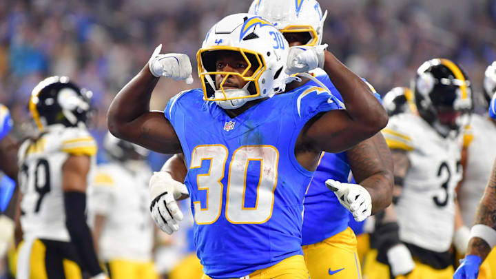Nov 9, 2025; Inglewood, California, USA; Los Angeles Chargers running back Kimani Vidal (30) celebrates after scoring a touchdown against the Pittsburgh Steelers during the fourth quarter of the game at SoFi Stadium. Mandatory Credit: Gary A. Vasquez-Imagn Images