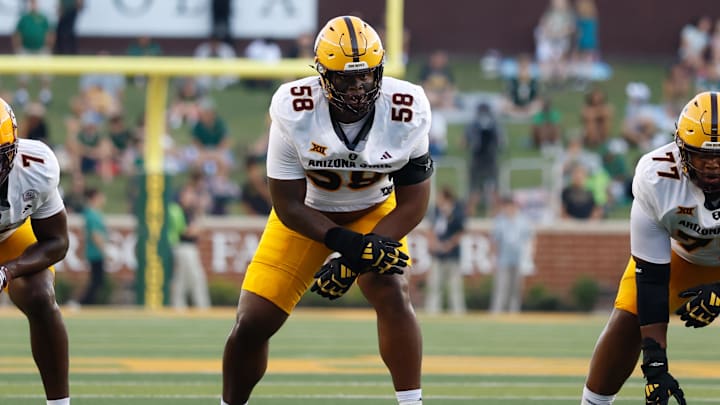 Sep 20, 2025; Waco, Texas, USA; Arizona State Sun Devils offensive lineman Max Iheanachor (58) in action against the Baylor Bears during the first half at McLane Stadium. Mandatory Credit: Chris Jones-Imagn Images Sep 20, 2025; Waco, Texas, USA; Arizona State Sun Devils offensive lineman Max Iheanachor (58) in action against the Baylor Bears during the first half at McLane Stadium. Mandatory Credit: Chris Jones-Imagn Images
