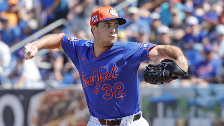 Feb 23, 2025; Port St. Lucie, Florida, USA;  New York Mets pitcher Max Kranick (32) throws during the first inning against the Miami Marlins at Clover Park. Mandatory Credit: Reinhold Matay-Imagn Images