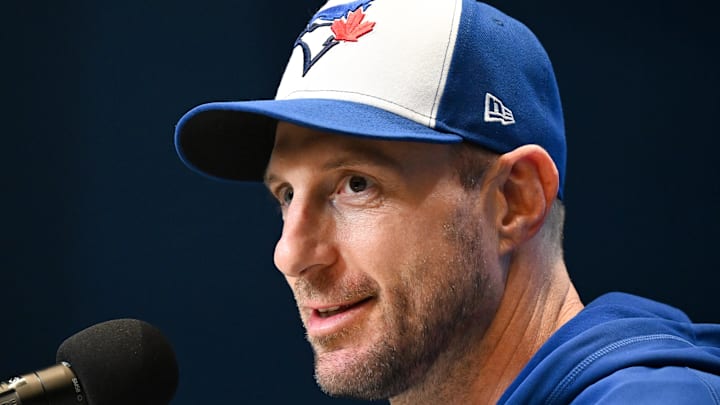Blue Jays pitcher Max Scherzer (31) speaks to the media prior to game two of the 2025 MLB World Series against the Los Angeles Dodgers at Rogers Centre. 