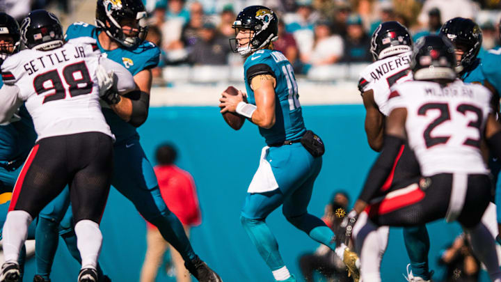 Dec 1, 2024; Jacksonville, Florida, USA; Jacksonville Jaguars quarterback Trevor Lawrence (16) drops back to pass against the Houston Texans in the first quarter at EverBank Stadium. Mandatory Credit: Jeremy Reper-Imagn Images Dec 1, 2024; Jacksonville, Florida, USA; Jacksonville Jaguars quarterback Trevor Lawrence (16) drops back to pass against the Houston Texans in the first quarter at EverBank Stadium. Mandatory Credit: Jeremy Reper-Imagn Images