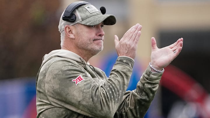 Nov 11, 2023; Lawrence, Kansas, USA; Texas Tech Red Raiders head coach Joey McGuire celebrates