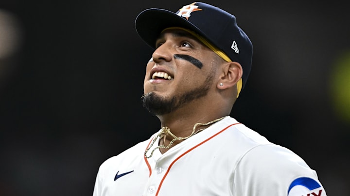 Jun 25, 2025; Houston, Texas, USA; Houston Astros third baseman Isaac Paredes (15) looks on in the third inning against the Philadelphia Phillies at Daikin Park. Mandatory Credit: Maria Lysaker-Imagn Images 