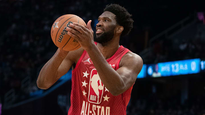 February 20, 2022; Cleveland, Ohio, USA; Team Durant center Joel Embiid of the Philadelphia 76ers (21) during the second quarter in the 2022 NBA All-Star Game at Rocket Mortgage FieldHouse. Mandatory Credit: Kyle Terada-Imagn Images
