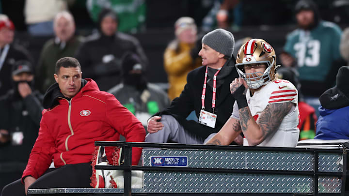 Jan 11, 2026; Philadelphia, PA, USA; San Francisco 49ers tight end George Kittle (85) is carted off the field after an injury during the second quarter against the Philadelphia Eagles in an NFC Wild Card Round game at Lincoln Financial Field. Mandatory Credit: Bill Streicher-Imagn Images