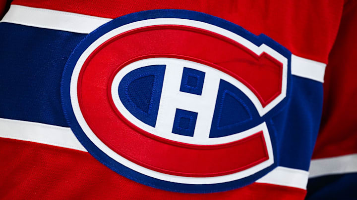 Feb 26, 2026; Montreal, Quebec, CAN; View of a Montreal Canadiens logo on a jersey worn by a member of the team  during the second period at Bell Centre. Mandatory Credit: David Kirouac-Imagn Images