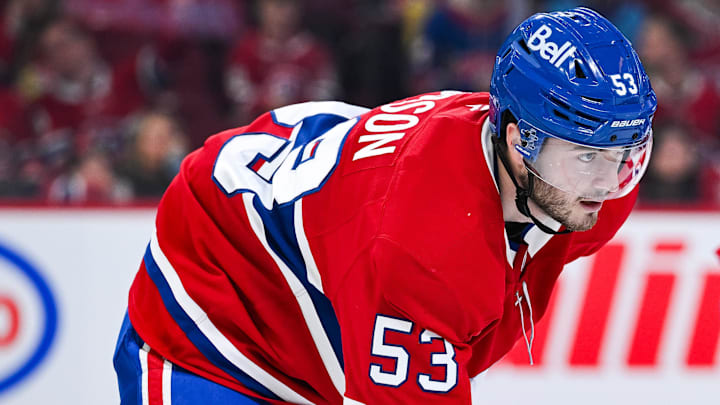 Mar 21, 2026; Montreal, Quebec, CAN; Montreal Canadiens defenseman Noah Dobson (53) waits for a face-off against the New York Islanders during the second period at Bell Centre. Mandatory Credit: David Kirouac-Imagn Images