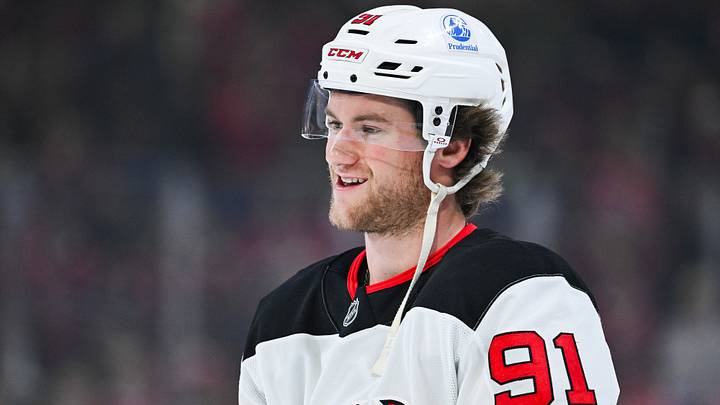 Apr 5, 2026; Montreal, Quebec, CAN; New Jersey Devils center Dawson Mercer (91) looks on during warm-up before the game against the Montreal Canadiens at Bell Centre. Mandatory Credit: David Kirouac-Imagn Images Apr 5, 2026; Montreal, Quebec, CAN; New Jersey Devils center Dawson Mercer (91) looks on during warm-up before the game against the Montreal Canadiens at Bell Centre. Mandatory Credit: David Kirouac-Imagn Images
