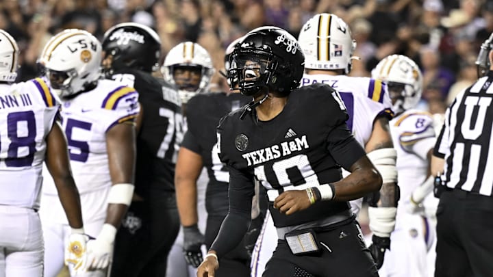 Oct 26, 2024; College Station, Texas, USA; Texas A&M Aggies quarterback Marcel Reed (10) celebrates after scoring a touchdown in the third quarter against the LSU Tigers at Kyle Field. Mandatory Credit: Maria Lysaker-Imagn Images. Oct 26, 2024; College Station, Texas, USA; Texas A&M Aggies quarterback Marcel Reed (10) celebrates after scoring a touchdown in the third quarter against the LSU Tigers at Kyle Field. Mandatory Credit: Maria Lysaker-Imagn Images.