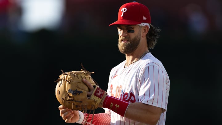 Jul 9, 2024; Philadelphia, Pennsylvania, USA; Philadelphia Phillies first baseman Bryce Harper (3) plays first base during the first inning against the Los Angeles Dodgers at Citizens Bank Park. Mandatory Credit: Bill Streicher-USA TODAY Sports Jul 9, 2024; Philadelphia, Pennsylvania, USA; Philadelphia Phillies first baseman Bryce Harper (3) plays first base during the first inning against the Los Angeles Dodgers at Citizens Bank Park. Mandatory Credit: Bill Streicher-USA TODAY Sports