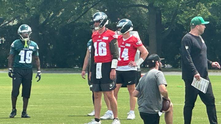 Tanner McKee and Andy Dalton at Eagles' minicamp.