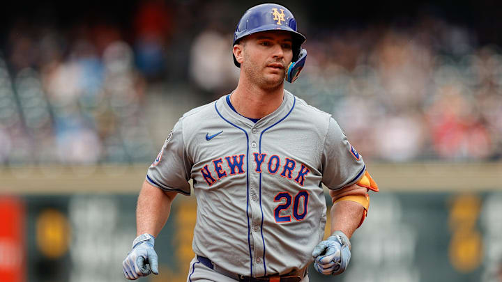 Aug 8, 2024; Denver, Colorado, USA; New York Mets first baseman Pete Alonso (20) rounds the bases on a solo home run in the third inning against the Colorado Rockies at Coors Field. Mandatory Credit: Isaiah J. Downing-USA TODAY Sports