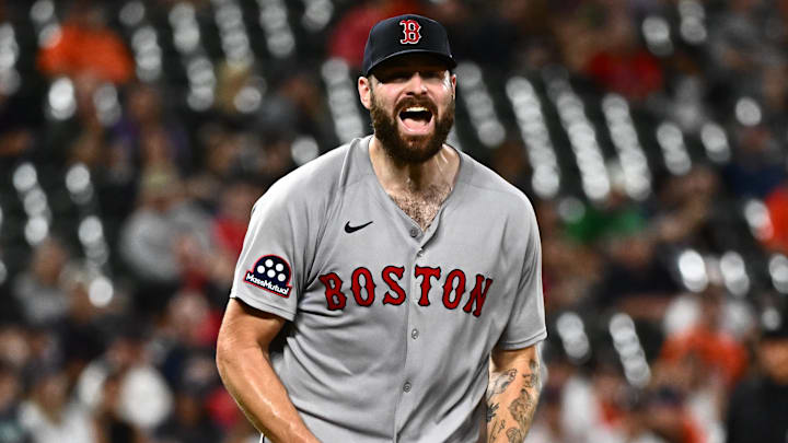Aug 26, 2025; Baltimore, Maryland, USA; Boston Red Sox pitcher Lucas Giolito (54) reacts to a strikeout to end the eighth inning against the Baltimore Orioles at Oriole Park at Camden Yards. Mandatory Credit: James A. Pittman-Imagn Images