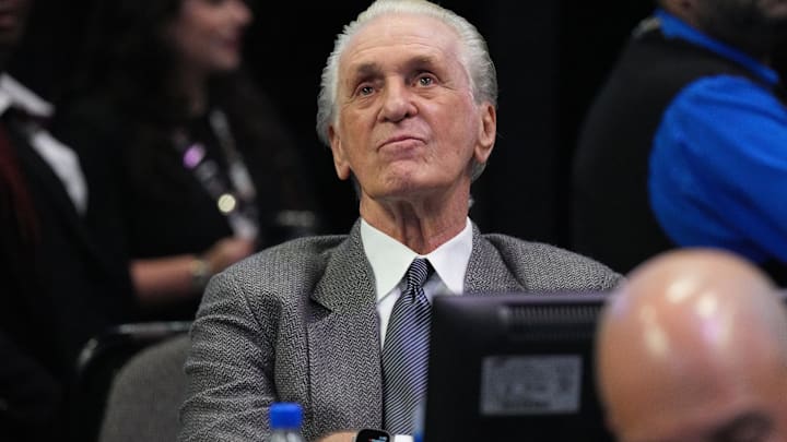 Dec 10, 2022; Miami, Florida, USA; Miami Heat team president Pat Riley looks on during the first half of a game against the San Antonio Spurs at FTX Arena. Mandatory Credit: Jim Rassol-Imagn Images