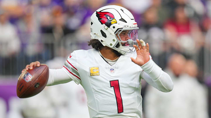 Dec 1, 2024; Minneapolis, Minnesota, USA; Arizona Cardinals quarterback Kyler Murray (1) passes against the Minnesota Vikings in the first quarter at U.S. Bank Stadium. Mandatory Credit: Brad Rempel-Imagn Images