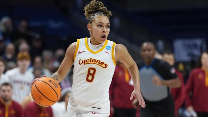 Mar 21, 2026; Storrs, CT, USA; Iowa State Cyclones guard Jada Williams (8) returns then ball against the Syracuse Orange in the first half at Harry A. Gampel Pavilion. Mandatory Credit: David Butler II-Imagn Images