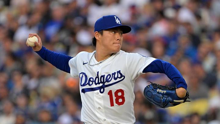 May 12, 2026; Los Angeles, California, USA; Los Angeles Dodgers starting pitcher Yoshinobu Yamamoto (18) throws a pitch against the San Francisco Giants during the first inning at Dodger Stadium. Mandatory Credit: Jayne Kamin-Oncea-Imagn Images