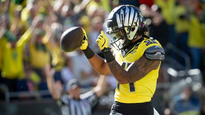 Oregon wide receiver Justius Lowe celebrates a touchdown as the No. 1 Oregon Ducks host the No. 21 Illinois Fighting Illini on Saturday, Oct. 26, 2024, at Autzen Stadium in Eugene, Ore.