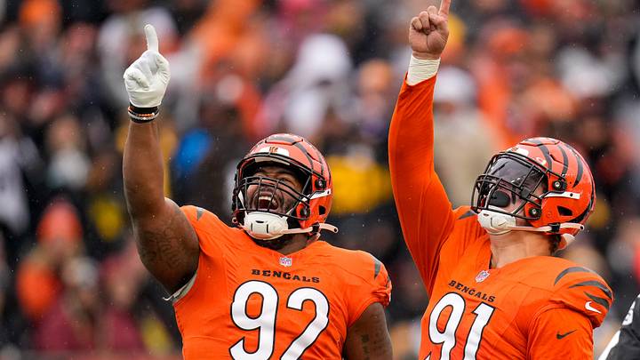 Cincinnati Bengals defensive end Trey Hendrickson (91) celebrates a sack with defensive tackle BJ Hill (92) in the first quarter of the NFL Week 12 game between the Cincinnati Bengals and the Pittsburgh Steelers at Paycor Stadium in Cincinnati on Sunday, Nov. 26, 2023. Cincinnati Bengals defensive end Trey Hendrickson (91) celebrates a sack with defensive tackle BJ Hill (92) in the first quarter of the NFL Week 12 game between the Cincinnati Bengals and the Pittsburgh Steelers at Paycor Stadium in Cincinnati on Sunday, Nov. 26, 2023.