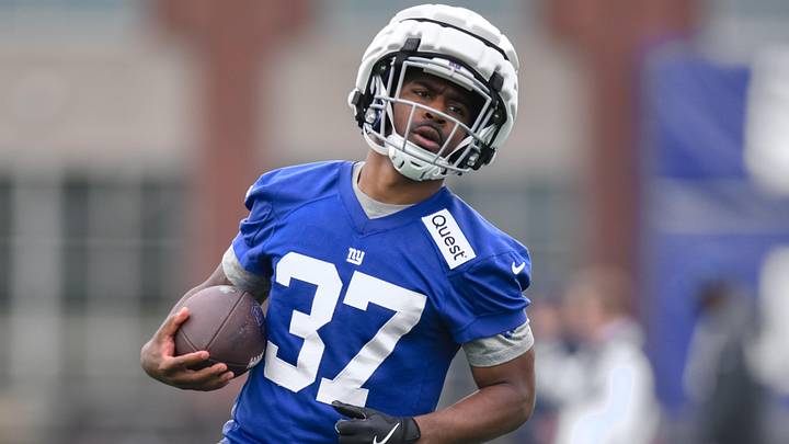 May 9, 2026; East Rutherford, NJ, USA; New York Giants running back Damon Bankston (37) participates in a drill during rookie minicamp at Quest Diagnostics Training Center. Mandatory Credit: John Jones-Imagn Images