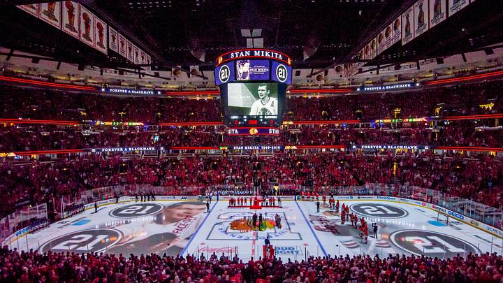 Oct 7, 2018; Chicago, IL, USA; Former Chicago Blackhawks player Stan Mikita is honored prior to the first period during a game between the Chicago Blackhawks and the Toronto Maple Leafs at United Center. Mandatory Credit: Patrick Gorski-USA TODAY Sports