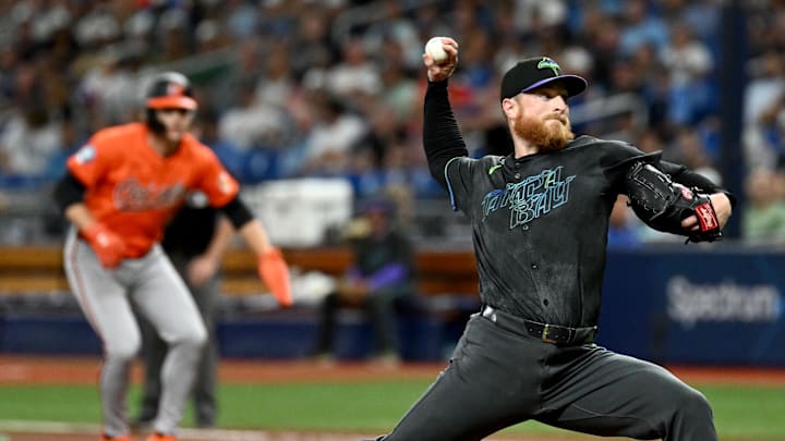 Tampa Bay Rays starting pitcher Drew Rasmussen (57)  throws a pitch in the first inning against the Baltimore Orioles at Tropicana Field in 2024.