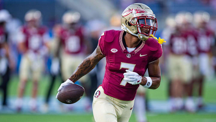 Florida State Seminoles wide receiver Destyn Hill (7) warms up before kickoff at Camping World Stadium on Sunday, Sept. 3, 2023. Florida State Seminoles wide receiver Destyn Hill (7) warms up before kickoff at Camping World Stadium on Sunday, Sept. 3, 2023.