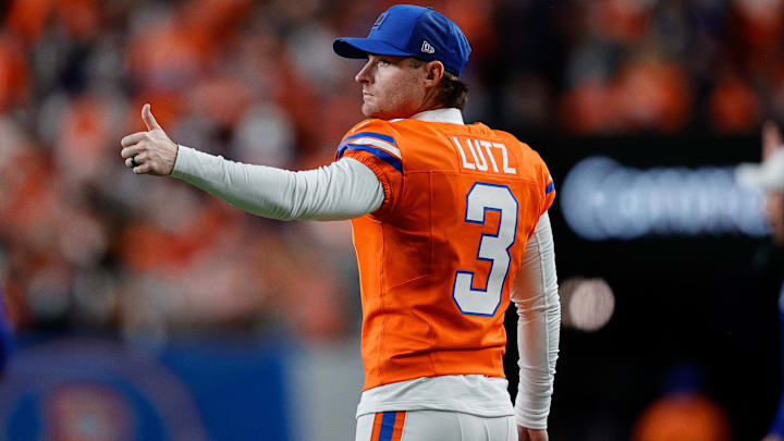 Nov 6, 2025; Denver, Colorado, USA; Denver Broncos place kicker Wil Lutz (3) gestures in the fourth quarter against the Las Vegas Raiders at Empower Field at Mile High. 