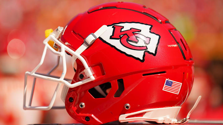 Aug 17, 2024; Kansas City, Missouri, USA; A general view of a Kansas City Chiefs helmet against the Detroit Lions during the first half at GEHA Field at Arrowhead Stadium. Mandatory Credit: Denny Medley-Imagn Images